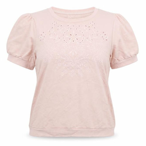 C&A Womens Pink Cotton Basic T-Shirt Size L Round Neck - Embraided Flowers