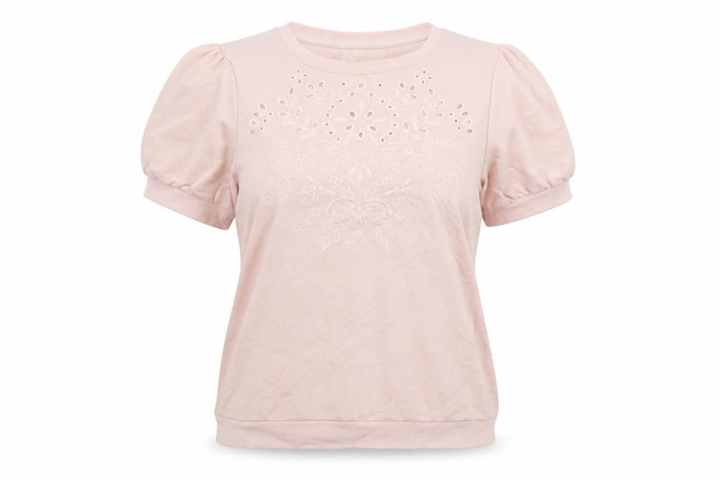C&A Womens Pink Cotton Basic T-Shirt Size L Round Neck - Embraided Flowers