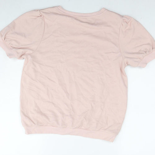 C&A Womens Pink Cotton Basic T-Shirt Size L Round Neck - Embraided Flowers