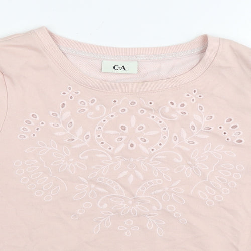 C&A Womens Pink Cotton Basic T-Shirt Size L Round Neck - Embraided Flowers