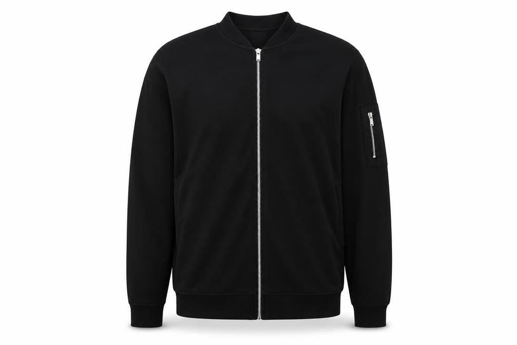 Front view of Boohoo men’s black cotton full zip sweatshirt, size M