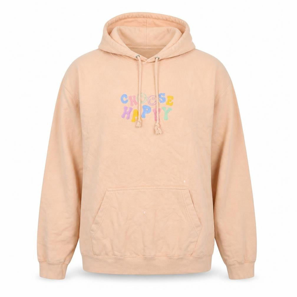 Front view of Choose Happy women’s beige cotton pullover hoodie, size 2XL, pullover - logo