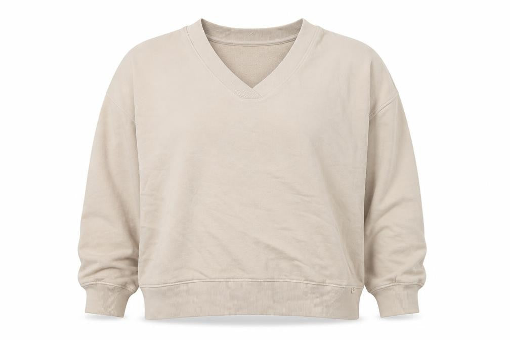 Front view of Botique women’s beige cotton pullover sweatshirt, size M, pullover