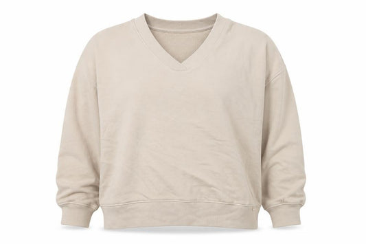 Front view of Botique women’s beige cotton pullover sweatshirt, size M, pullover