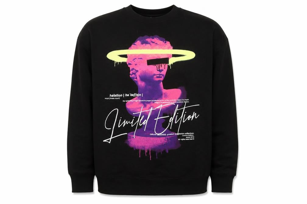 Front view of Boohoo men’s black cotton pullover sweatshirt, size M, - worldwide collection