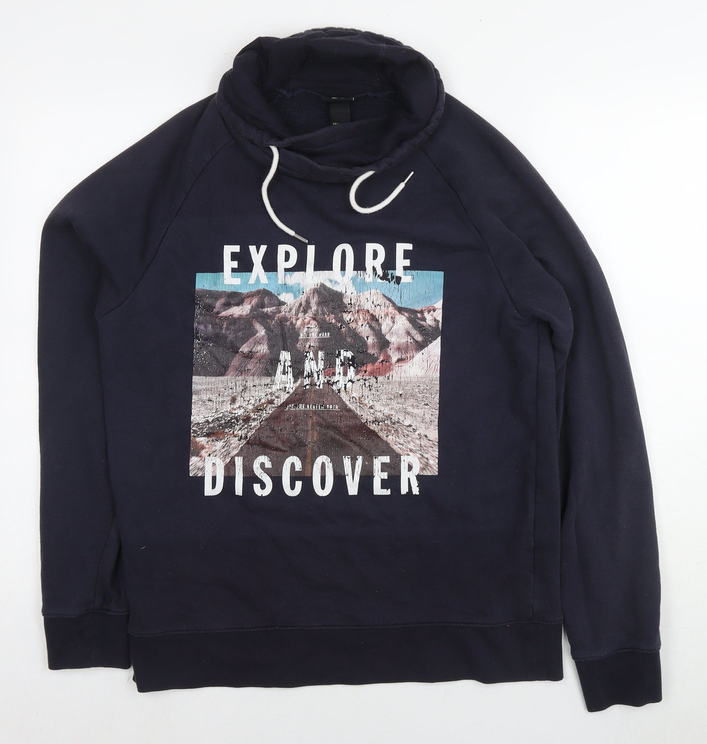 H&M Mens Blue Cotton Pullover Hoodie Size L - Explore Discover