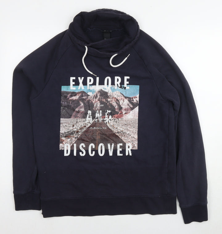 H&M Mens Blue Cotton Pullover Hoodie Size L - Explore Discover
