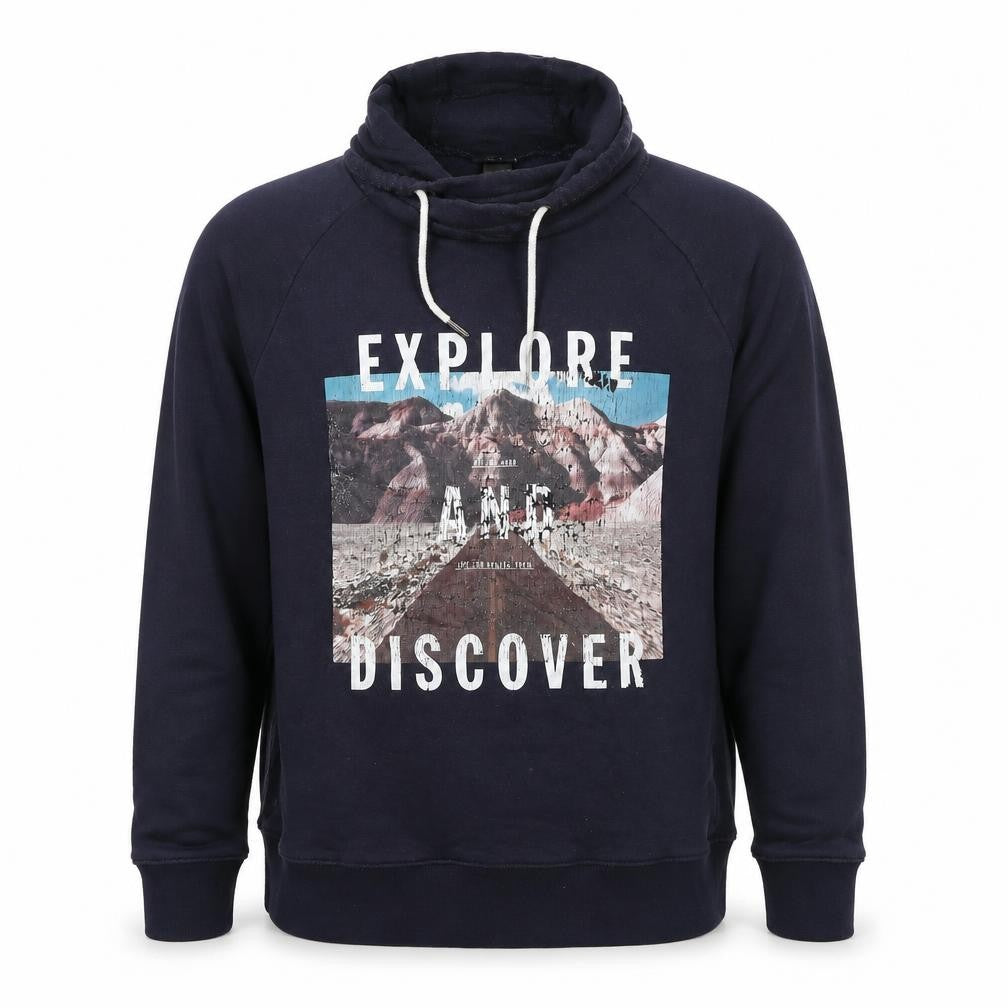 Front view of H&M men’s blue cotton pullover hoodie, size L, - explore discover