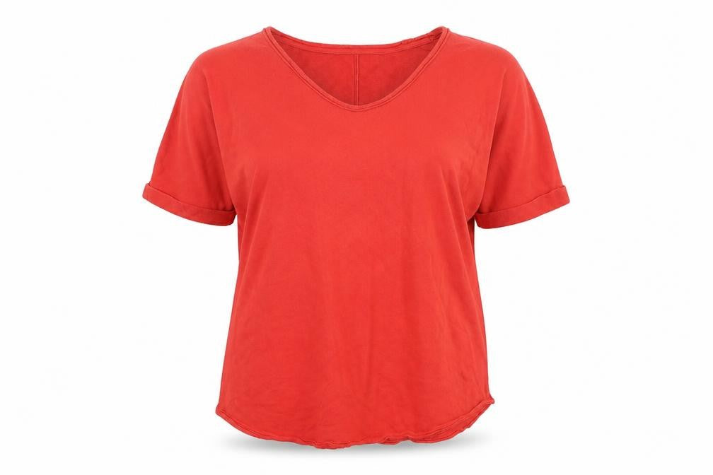 Front view of Marks & Spencer women’s red cotton basic t-shirt, size UK 10, v-neck