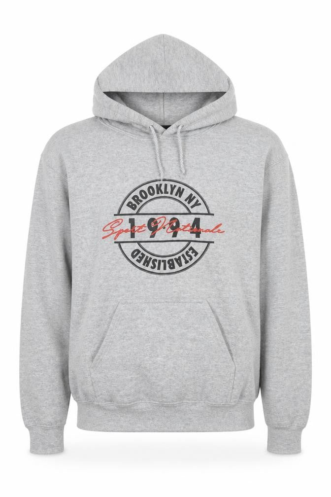 Front view of Boohoo men’s grey polyester pullover hoodie, size S, - brooklyn new york 1994