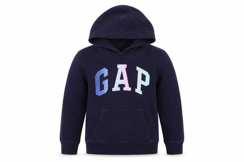 Front view of Gap girls’ blue cotton pullover hoodie, size 10, years pullover
