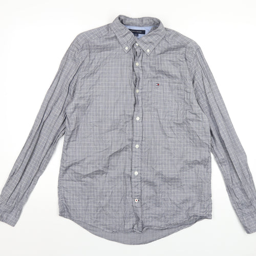 Tommy Hilfiger Mens Grey Check Cotton Dress Shirt Size M Collared Button