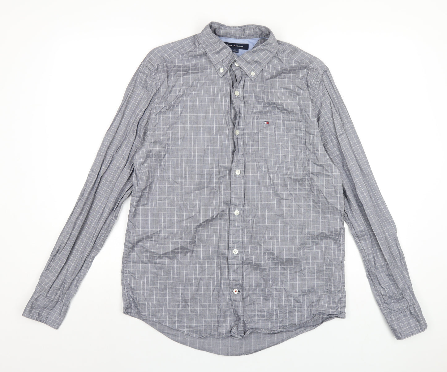 Tommy Hilfiger Mens Grey Check Cotton Dress Shirt Size M Collared Button