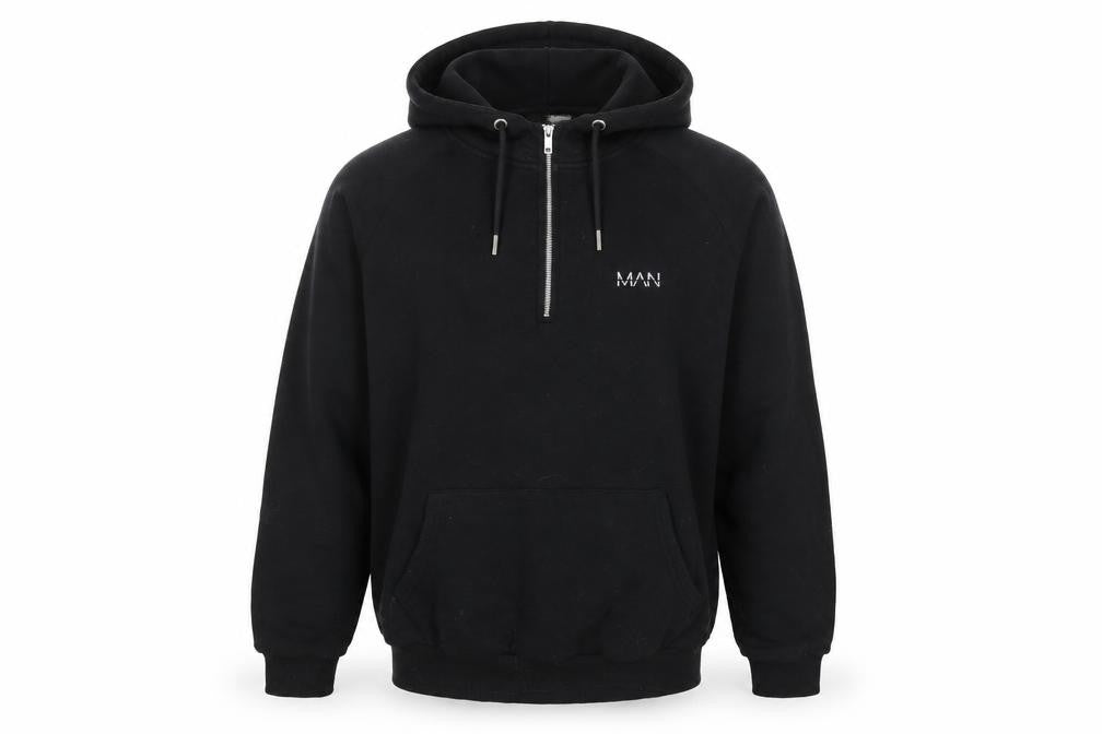 Front view of Boohoo men’s black cotton pullover hoodie, size M