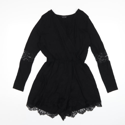 Topshop Womens Black Viscose Playsuit One-Piece Size 10 Pullover - Lace Trim