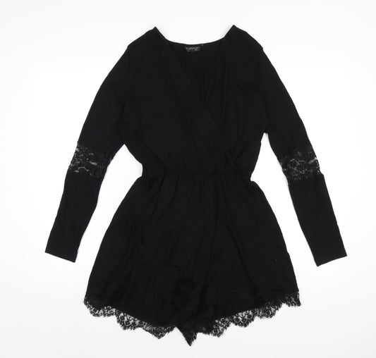 Topshop Womens Black Viscose Playsuit One-Piece Size 10 Pullover - Lace Trim