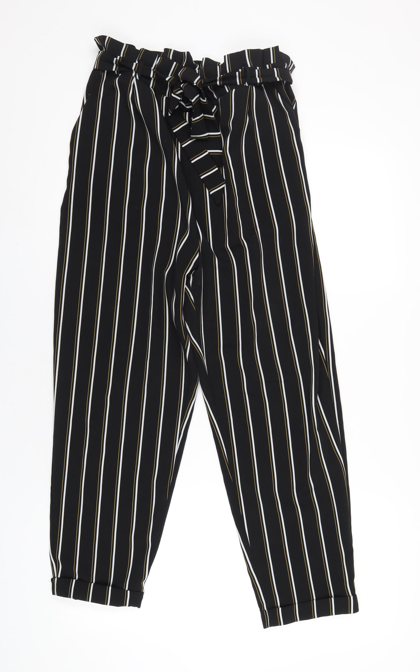 Pull&Bear Womens Black Striped Polyester Trousers Size L L26 in Regular - Paperbag Waist