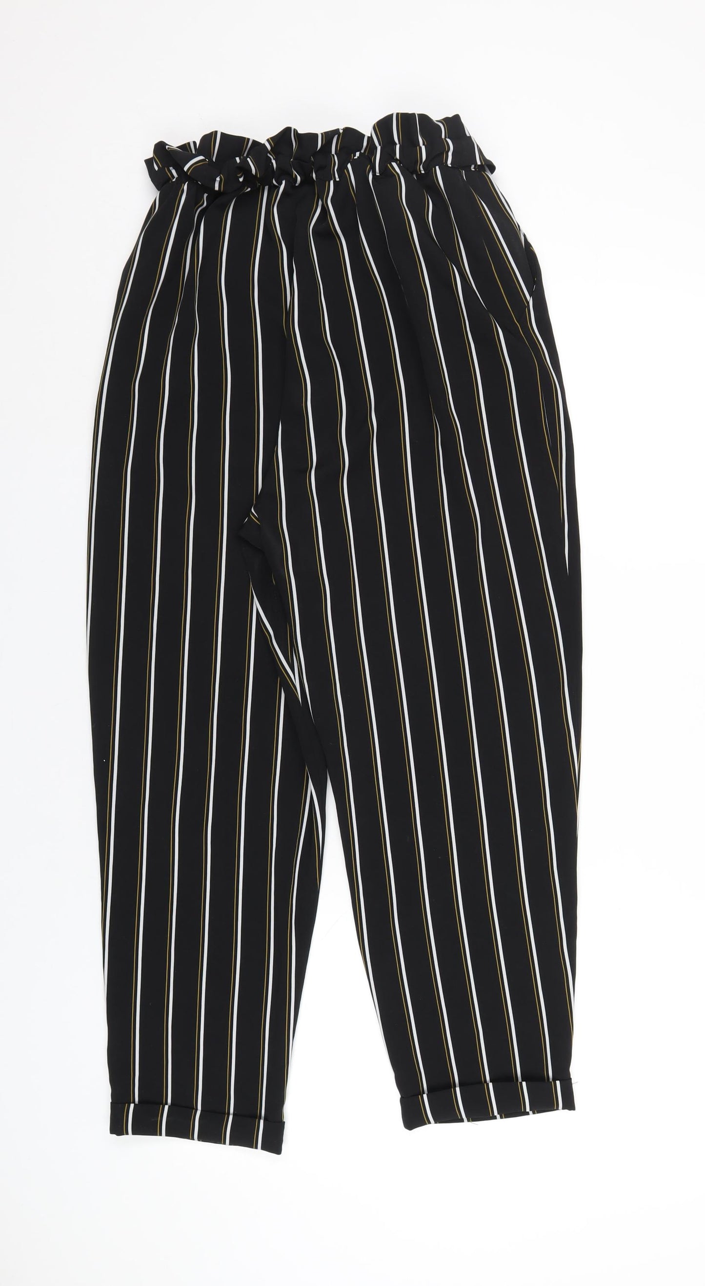 Pull&Bear Womens Black Striped Polyester Trousers Size L L26 in Regular - Paperbag Waist