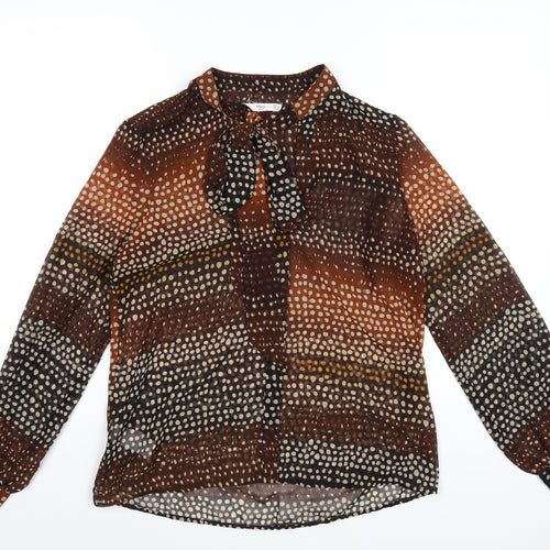 Mango Womens Brown Geometric Polyester Basic Blouse Size S Round Neck