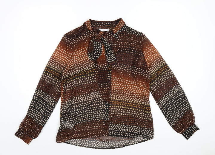 Mango Womens Brown Geometric Polyester Basic Blouse Size S Round Neck