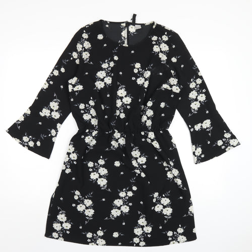 H&M Womens Black Floral Polyester A-Line Size 12 Round Neck Button