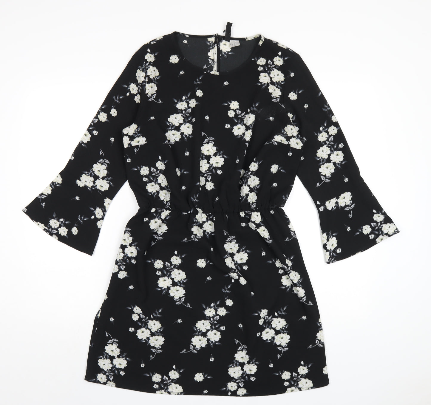 H&M Womens Black Floral Polyester A-Line Size 12 Round Neck Button