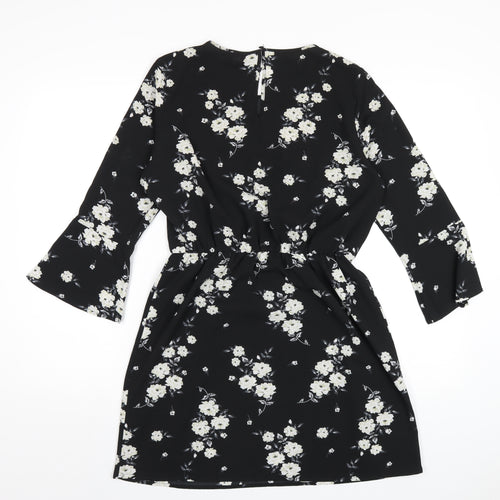 H&M Womens Black Floral Polyester A-Line Size 12 Round Neck Button