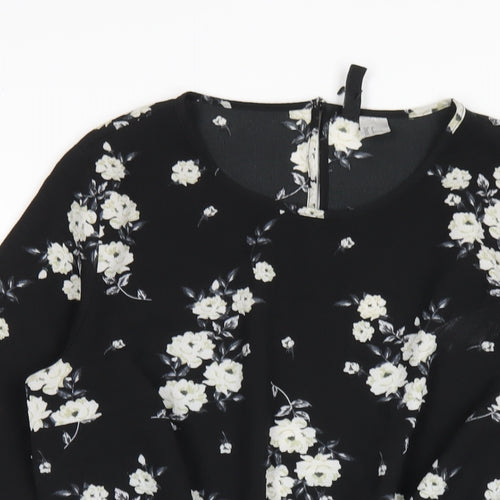 H&M Womens Black Floral Polyester A-Line Size 12 Round Neck Button