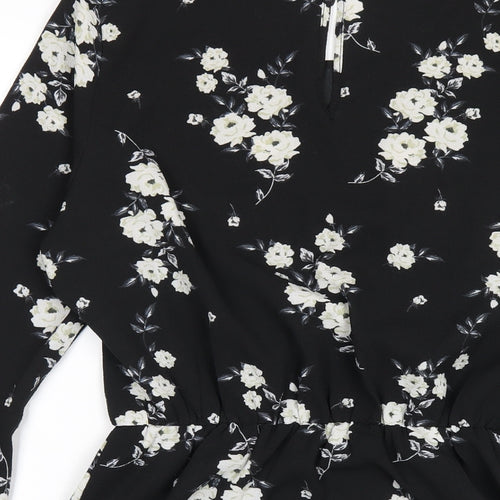 H&M Womens Black Floral Polyester A-Line Size 12 Round Neck Button