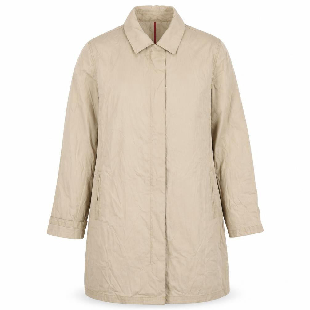 Front view of SCL sport women’s beige trench coat coat, size UK 16, zip