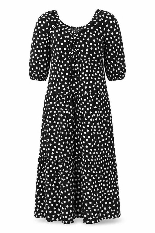 Front view of Roman women’s black polka dot viscose a-line, size UK 10, scoop neck pullover