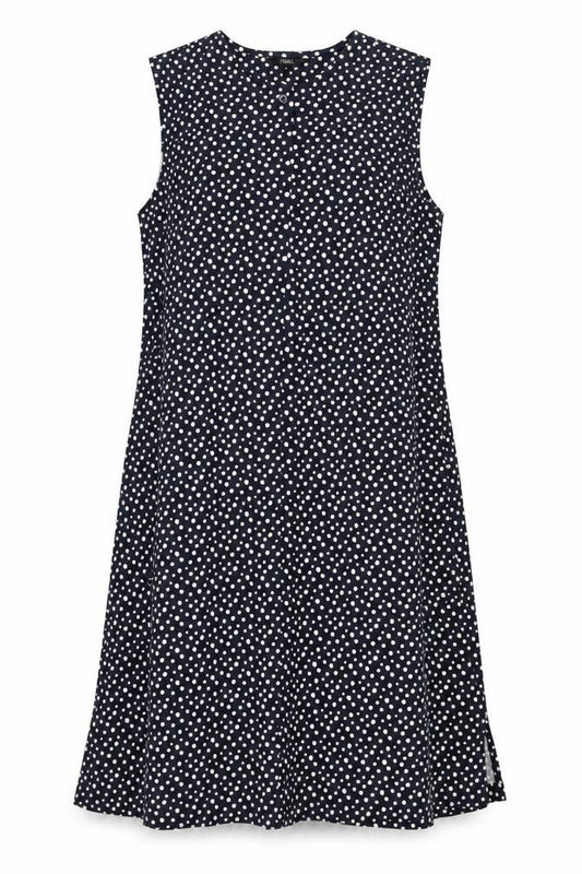 Front view of Next women’s blue polka dot polyester a-line, size UK 16, round neck button
