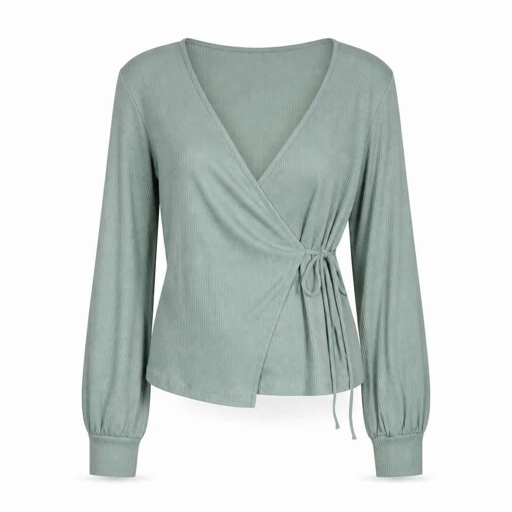 Front view of Topshop women’s green viscose wrap blouse, size L, v-neck