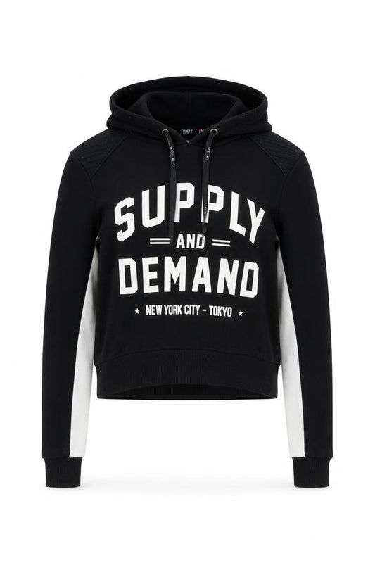Front view of Supply & Demand Co. women’s black cotton pullover hoodie, size UK 6, pullover
