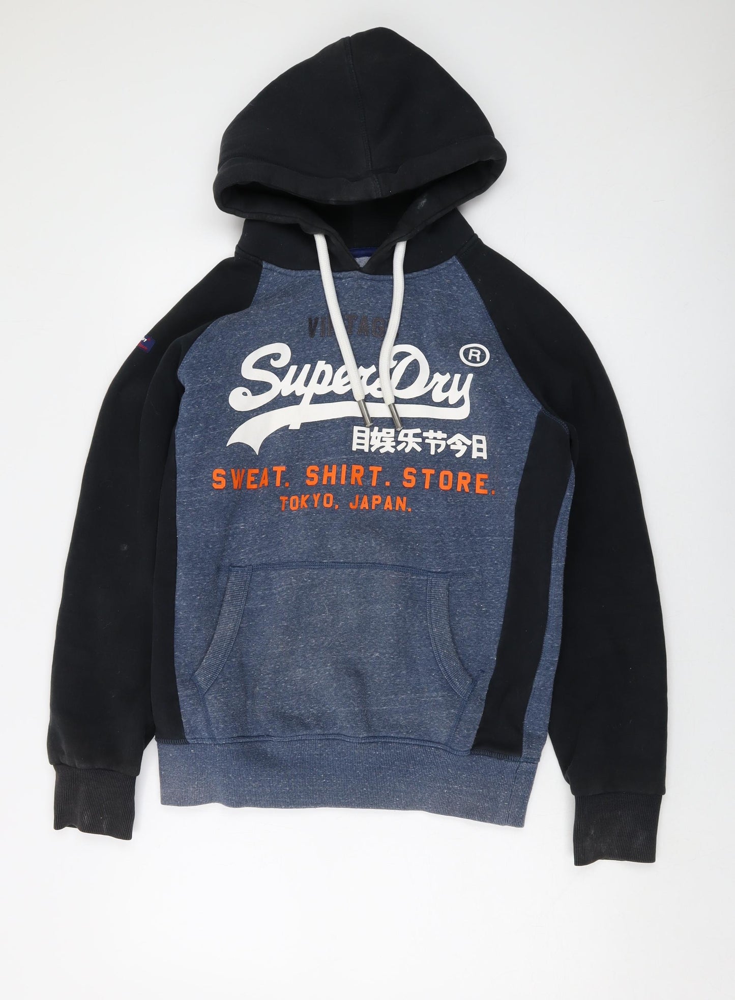 Superdry Mens Blue Cotton Pullover Hoodie Size M - Vintage