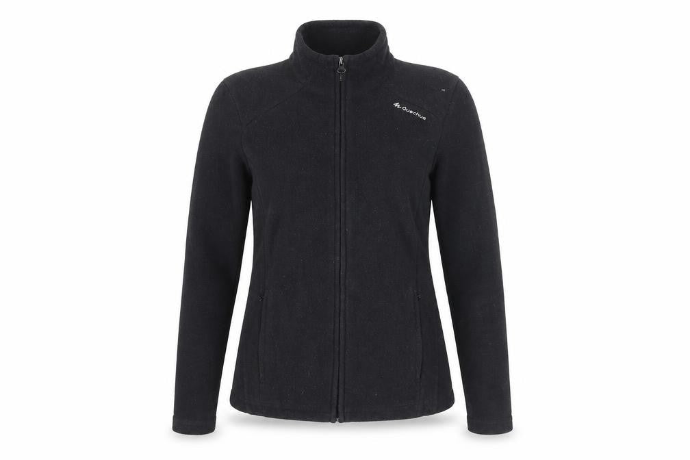 Front view of Quechua women’s black 100% polyester pullover sweatshirt, size M, zip
