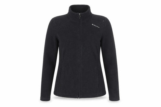 Front view of Quechua women’s black 100% polyester pullover sweatshirt, size M, zip