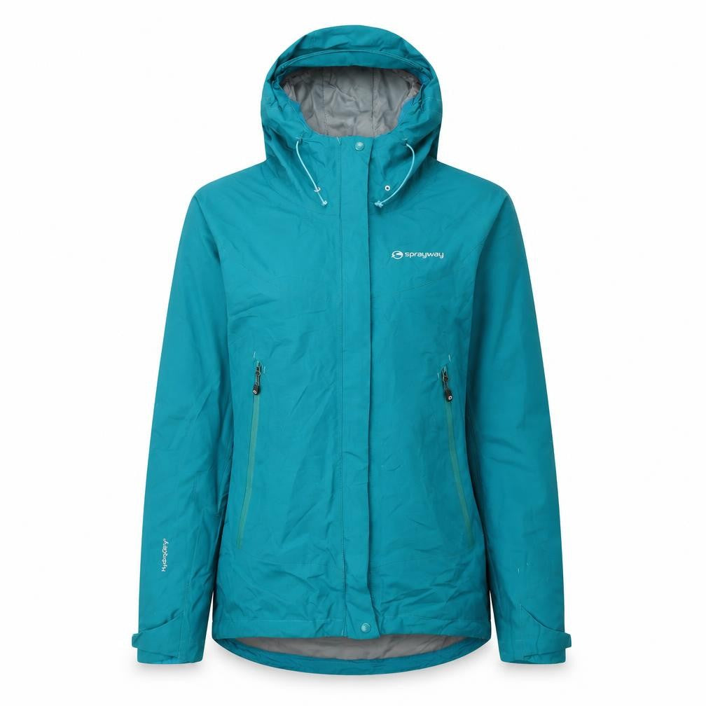 Front view of Sprayaway women’s green jacket coat, size UK 8, zip