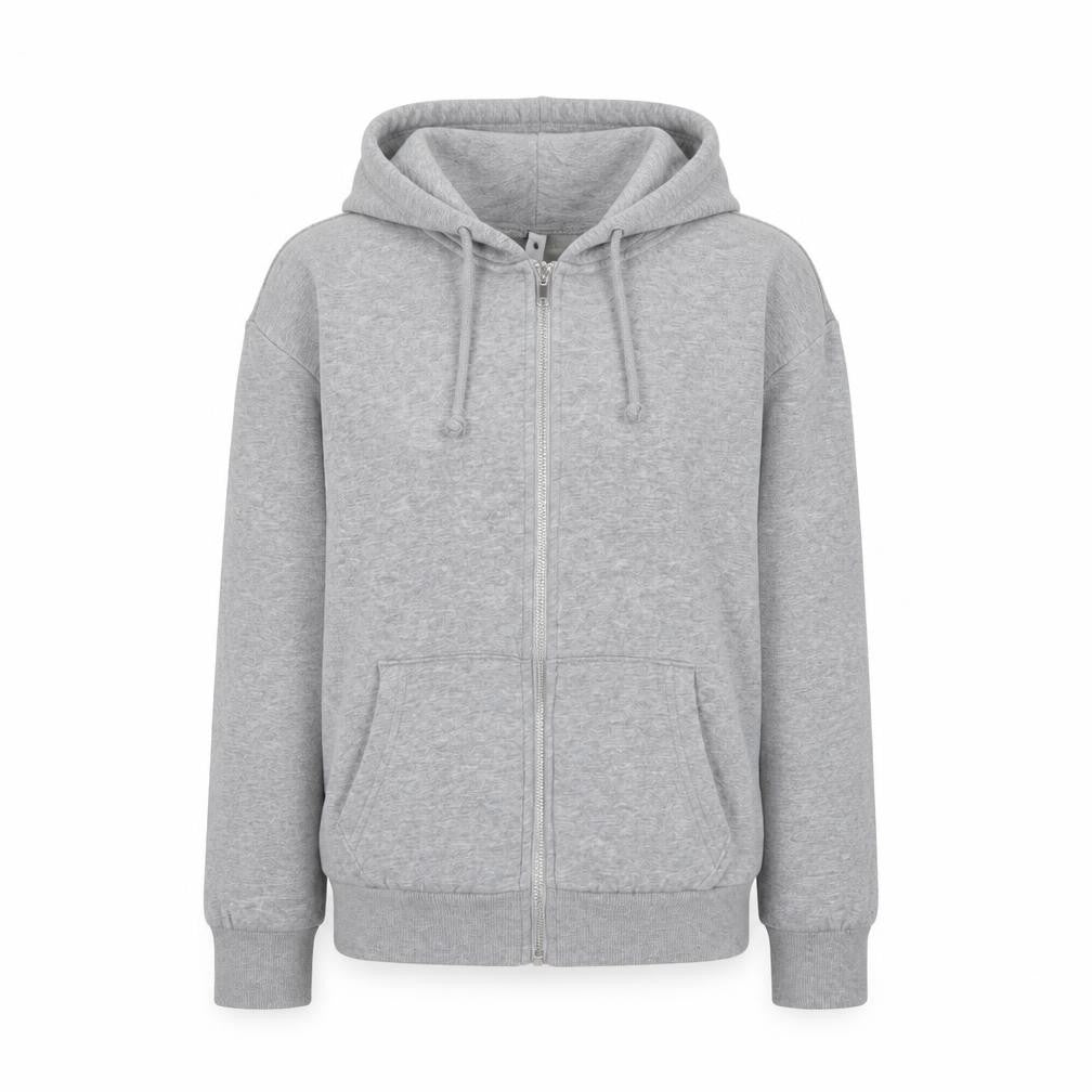 Front view of H&M women’s grey cotton full zip hoodie, size S, zip