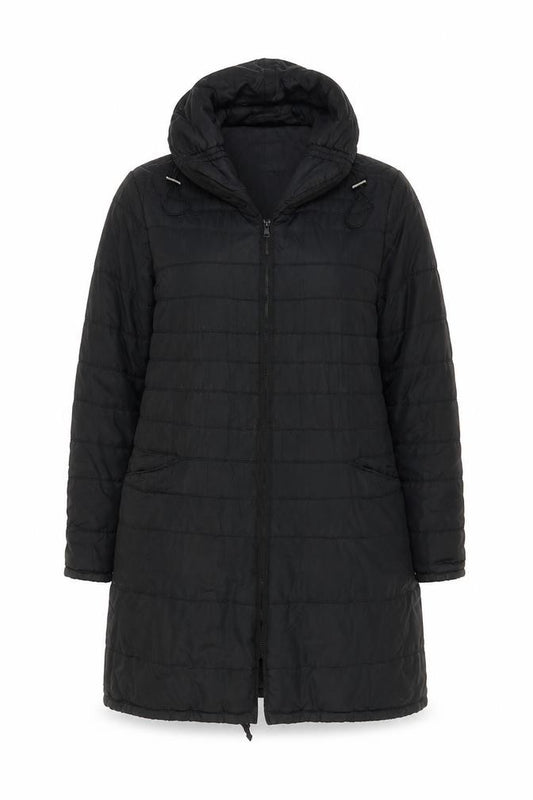 Front view of Principles women’s black quilted coat, size UK 14, zip