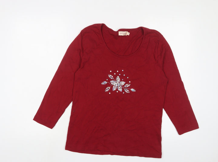 Bonmarché Womens Red Cotton Basic T-Shirt Size M Scoop Neck - Sequins