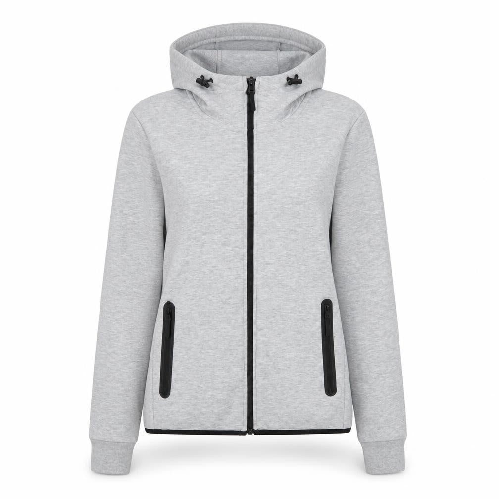 Front view of Uniqlo women’s grey polyester full zip hoodie, size XS, zip