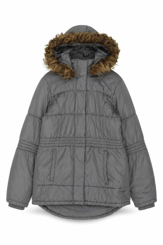 Front view of Next women’s grey parka coat, size UK 12, zip