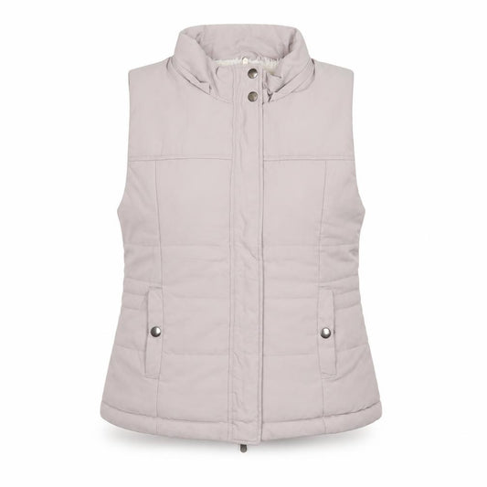 Front view of Forever New women’s beige gilet jacket, size UK 12, zip