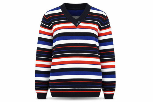 Front view of Isle women’s multicoloured v-neck striped acrylic jumper, size M