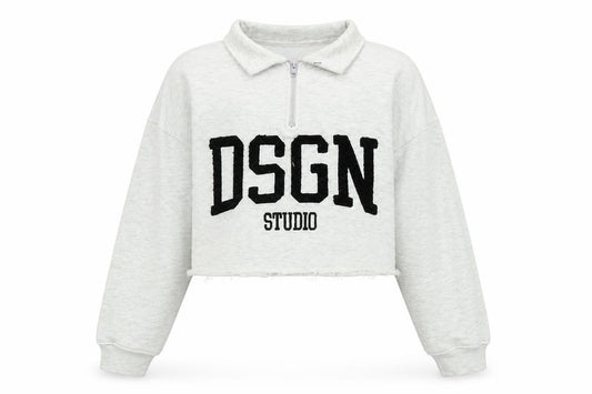 Front view of Boohoo women’s grey polyester pullover sweatshirt, size S, - dsgn studio.
