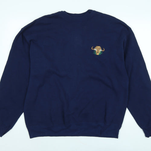 Haines Mens Blue Cotton Pullover Sweatshirt Size XL - Bull Logo