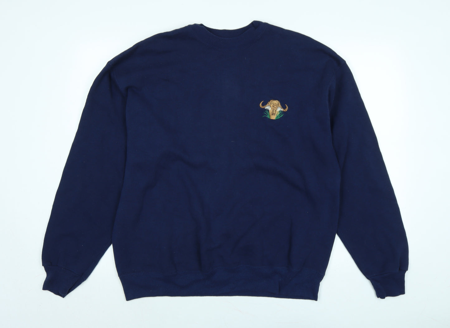 Haines Mens Blue Cotton Pullover Sweatshirt Size XL - Bull Logo