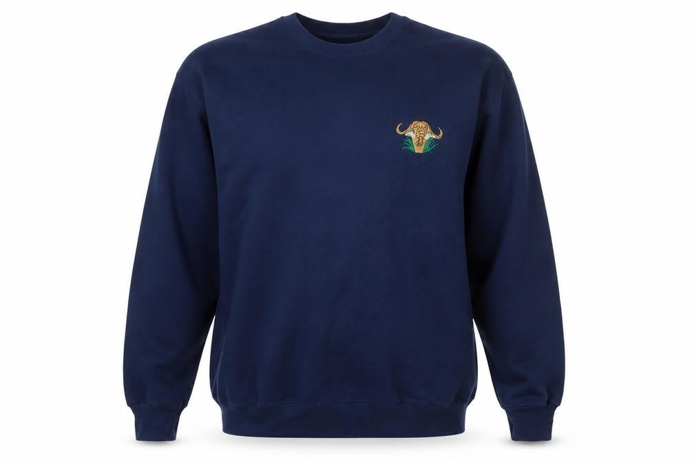 Front view of Haines men’s blue cotton pullover sweatshirt, size XL, - bull logo