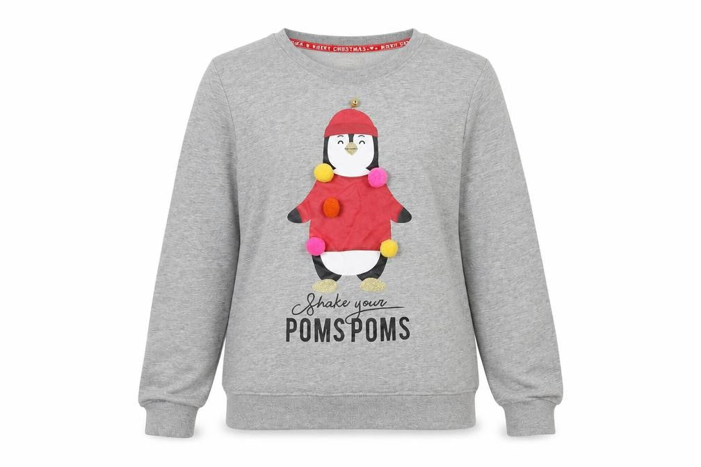 Front view of Made For You women’s grey polyester pullover sweatshirt, size UK 12, - shake your pom poms